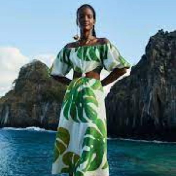 Anthropologie Dresses & Skirts - Farm Rio Monstera white green leaf linen tropical knot midi dress size L